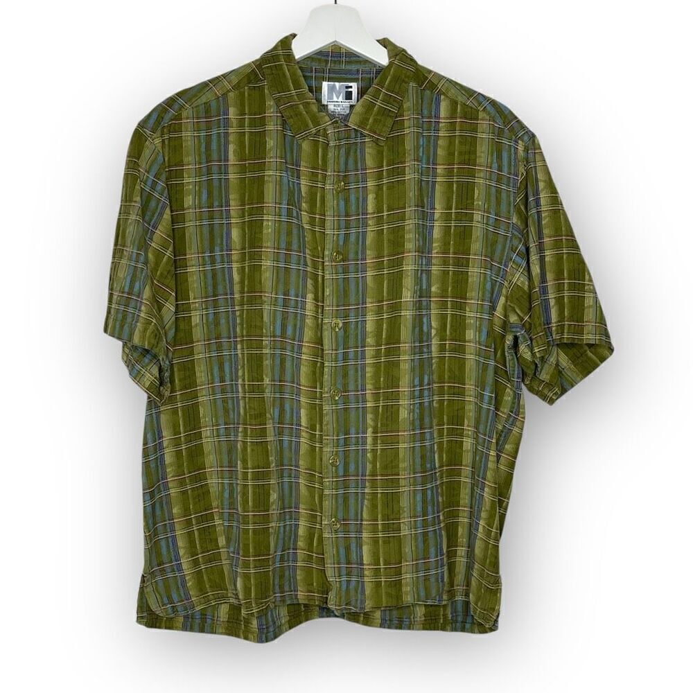MI Modern Images Green Plaid Silk Blend Short Sleeve Button Up Men’s Size Large